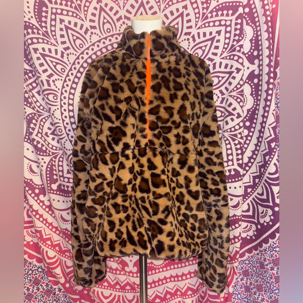 Say What? Fuzzy Cheetah Print Quarter Zip Sweater Junior’s Size XL